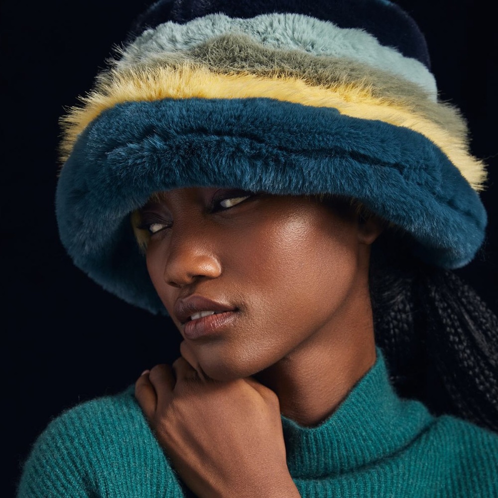 Anthro Colorblock Faux Fur Hat Blue